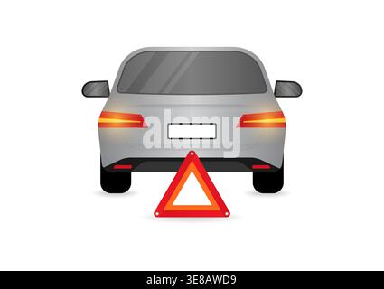 Car Breakdown with Red Triangle Emergency Sign on Highway Road. Vector Illustration. Stock Vector