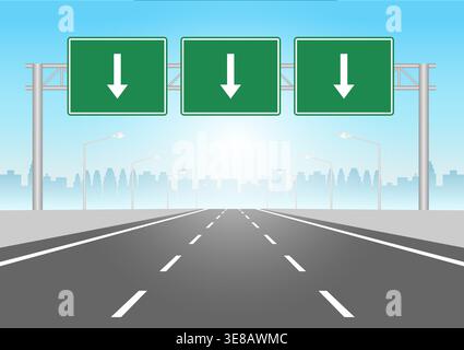 Highway with Traffic Sign. Motorway with road sign. Street traffic Sign. Vector Illustration Isolated on White Background. Stock Vector