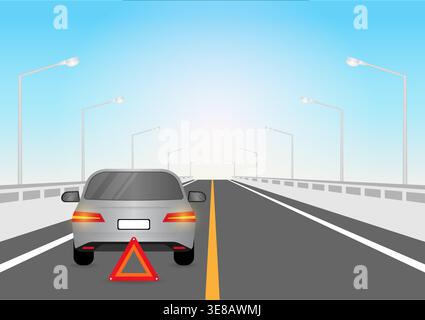 Car Breakdown with Red Triangle Emergency Sign on Highway Road. Vector Illustration. Stock Vector