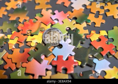 A bimetallic Polish 5 Zloty coin placed among scattered, vibrant jigsaw puzzle pieces on a dark surface. The image symbolizes finding the right financ Stock Photo