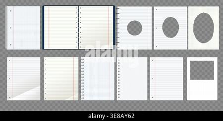 School Notebook Paper Page Set. Torn and cut-out pages. Vector isolated illustration Stock Vector