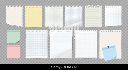 Notebook Paper Page Set. Sticky Notes and torn pages. Vector illustration Stock Vector
