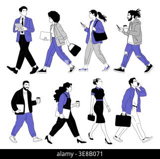 Set of Busy commuters stride through urban streets Stock Vector