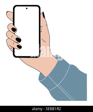 Hand holds phone with black nails and blue sleeve Stock Vector