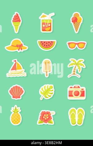 Summer vacation sticker set with beach icons and tropical elements vector illustration. Stock Vector