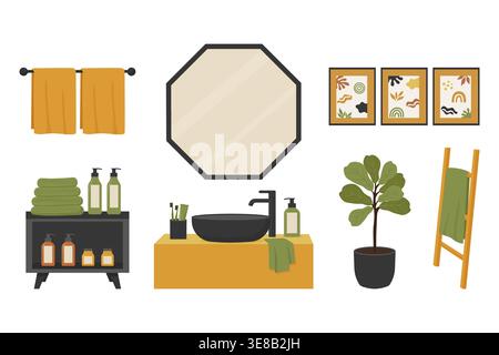 Modern bathroom interior furniture and spa accessories set vector illustration. Stock Vector