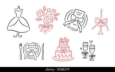 Wedding lone icon set with dress, cake, bouquet Stock Vector