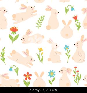 Pattern with cute rabbits and spring flowers Stock Vector