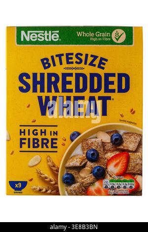Bitesize Shredded Wheat cereals from Nestle isolated on white background Nestlé whole grain high in Fibre Stock Photo