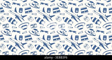 Seamless pattern with travel item, airplane, hat, shorts, camera, sunglasses, flip-flops and passport illustration for web banner, fabric in flat Stock Vector