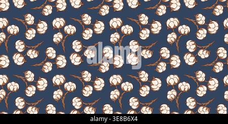 Floral seamless pattern with natural flat style cotton plant branches and flower on dark blue background. Abstract textile print. Vector illustration. Stock Vector