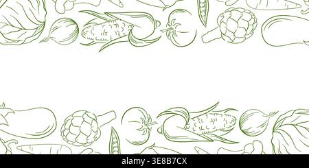Vegetable border with corn, artichoke, eggplant, tomato, onion, carrot and cabbage in line art style. Illustration isolated on white background for Stock Vector
