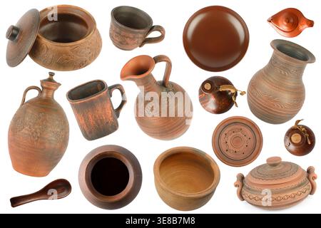 Various clay dishes from different angles isolated on white background. Stock Photo