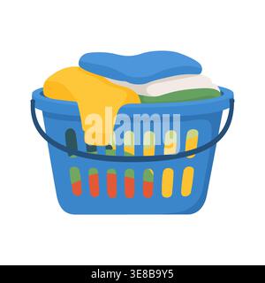 Blue plastic laundry basket full of colorful clean clothes Stock Vector