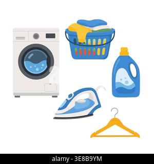 Laundry cleaning set with washing machine iron detergent and clothes Stock Vector