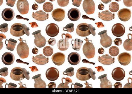 Various clay dishes from different angles isolated on white background. Seamless pattern. Stock Photo