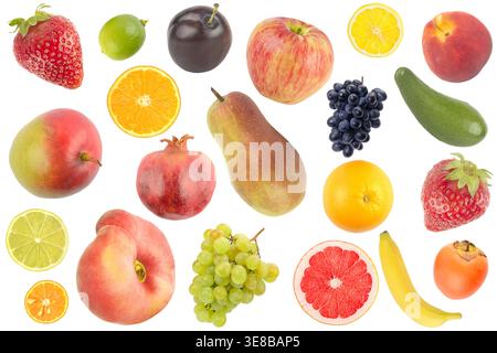 Bright juicy fruits, vegetables, berries isolated on white background. Stock Photo