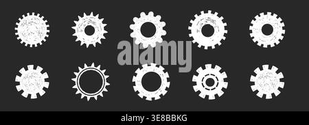 Gear machine wheel icon, cog hand drawn sketch. White chalk rero settings cogs and gears on black background, textured design elements. Setting gear icon. . Vector illustration Stock Vector