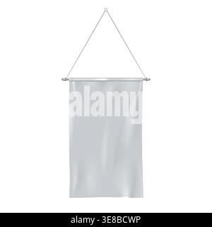 Blank rectangular pennant flag on metal pole isolated on white background realistic vector mock-up. Hanging banner mockup. Template for design Stock Vector