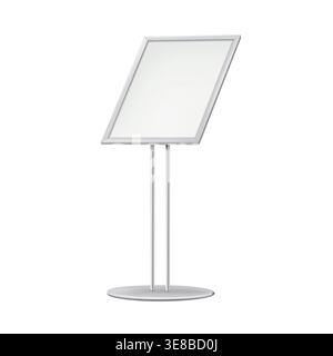 Sign holder stand realistic vector mockup. Blank white vertical menu board. Floor standing display. Metal poster frame mock-up. Template for design Stock Vector