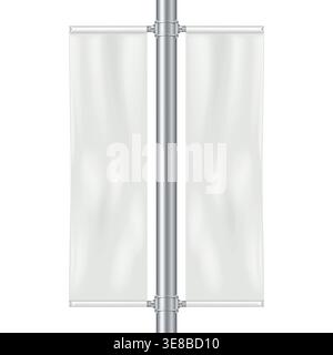 Empty street light pole banner isolated on white realistic vector mockup. Blank streetlight display mock-up. Rectangular poster sign. Template Stock Vector