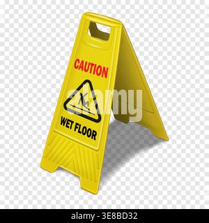 Wet floor caution sign on transparent background - vector illustration. Double-sided folding yellow display with editable design Stock Vector