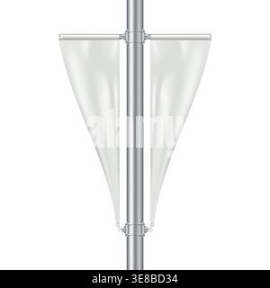 Empty white street light pole banner isolated realistic vector mock-up. Blank streetlight display mockup. Triangular poster sign. Template Stock Vector