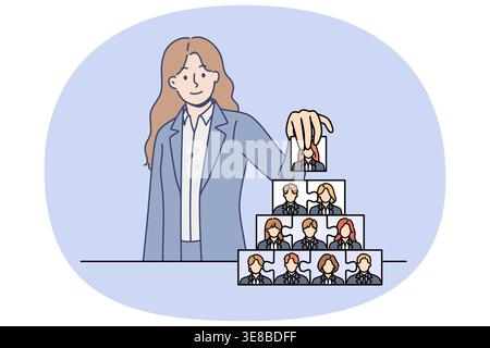 Woman recruiter is engaged in team building and creating corporate governance structure. Team building process from ceo of company, putting puzzles from employee portraits into pyramid Stock Vector