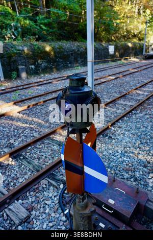 Vintage Railway Signal Lantern Beside Rusty Tracks At Rural Train Junction Surrounded By Trees Stock Photo