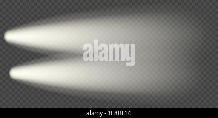 Car headlight top view. Lighthouse camera, motorcycle lamp flare. Night front flashlight, png overlay. Street led effect, light beam in smoky fog Stock Vector