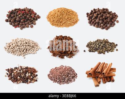 Different kinds of spices on white background Stock Photo
