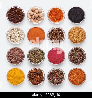 Collection of different spices on white background Stock Photo