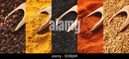 Collage of condiments with sorting spoons on market Stock Photo