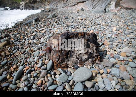 Close up of a large rubber float, buoy washed up on the pebble beach at Porth Ysgo, Rhiw, Aberdaron, Llyn Peninsula Stock Photo