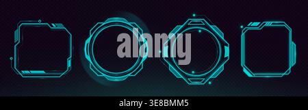 Futuristic HUD frames set isolated on transparent background. Vector realistic illustration of neon high tech game borders, cyberpunk ui design elements, hologram data boxes, virtual reality screen Stock Vector