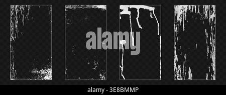 Frames set with white paint stroke effect. Vector realistic illustration of grunge poster texture, color spray, drip, splash on surface, street art graffiti design, old poster with noise and distress Stock Vector