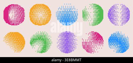 Bitmap pixel circle shapes in vibrant colors - round dot pattern with halftone gradient texture. Abstract retro digital elements for modern graphic projects or gaming interfaces on dark backdrop. Stock Vector