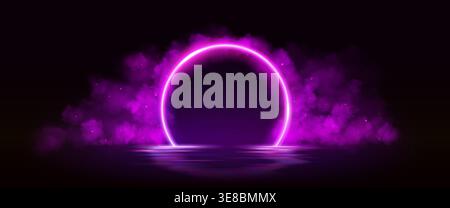 Neon light portal in color smoke on black background. Vector realistic illustration of futuristic round arch space portal, mysterious pink and purple fog clouds, magic hologram gate for game design Stock Vector