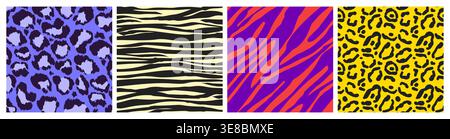 Psychedelic seamless animal patterns set. Vector realistic illustration of neon color leopard, jaguar, zebra, tiger prints with bright spots stripes, y2k groovy wallpaper background, trippy design Stock Vector