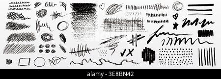 Scribble doodle set with ink pen strokes and crayon textures - hand drawn pencil lines, brush marks and rough sketches. Vector grunge scribbles with abstract squiggly shapes and charcoal effects. Stock Vector