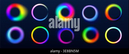 Rainbow neon rings set with glowing light effect on dark background - vibrant multicolor circular frames with gradient halos, radiant borders and luminous abstract elements for modern digital design. Stock Vector