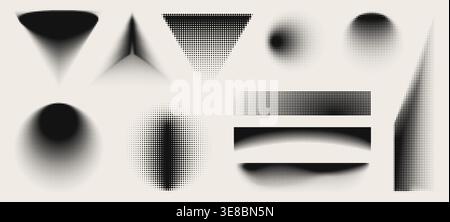 Halftone dot pattern set with gradient fade effects and circles texture. Abstract vector backgrounds and screentone borders, triangle and oval shapes, subtle grain for graphic design projects. Stock Vector