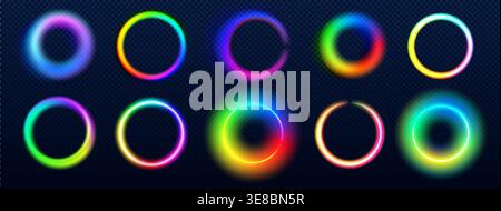 Rainbow neon rings set with glowing light effect on dark background - vibrant multicolor circular frames with gradient halos, radiant borders and luminous abstract elements for modern digital design. Stock Vector