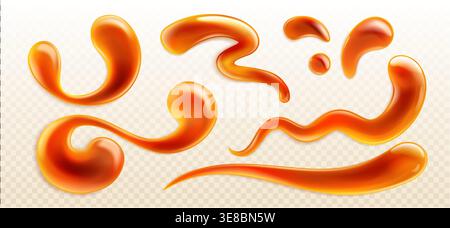 Caramel splash set with realistic sauce drips, syrup swirls and toffee drops in glossy orange-brown gradient. Liquid shapes of curved waves, circular blobs and flowing lines for food design. Stock Vector