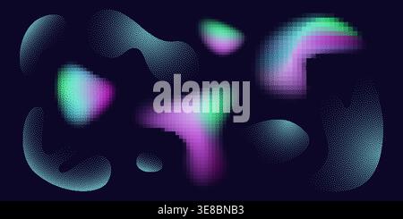 Abstract color bitmap shapes set isolated on black background. Vector realistic illustration of iridescent halftone blobs with pixel dot texture and gradient effect, neon holographic wavy stains Stock Vector