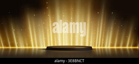 Golden stage podium with light beams and sparkling particles on black luxury background. Circular 3d platform illuminated by vertical rays for award ceremonies or premium product presentations. Stock Vector
