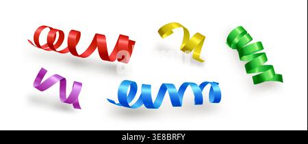 Colorful curly satin ribbons in red and green, yellow and blue with reflection on white surface background. Realistic 3d gift tape strips for Christmas or birthday celebration decoration - vector set. Stock Vector