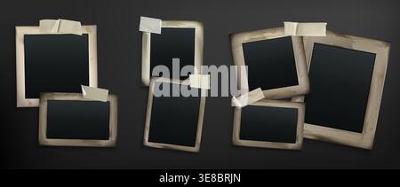 Vintage photo frame set on dark background. Realistic empty picture frames in various sizes attached with adhesive tape strips. Retro torn, stained collage template for scrapbook, memory album Stock Vector