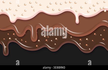 Chocolate drip background with layered candy texture and cream border. Realistic melting frosting - glossy liquid flow and sprinkles. Sweet dripping icing pattern with wave layers for dessert design Stock Vector