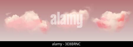 Pink cloud background with realistic soft fluffy shapes. Dreamy sky with cotton candy texture and gentle gradient. Fantasy atmosphere with romantic sunset clouds for valentine or fairytale design Stock Vector